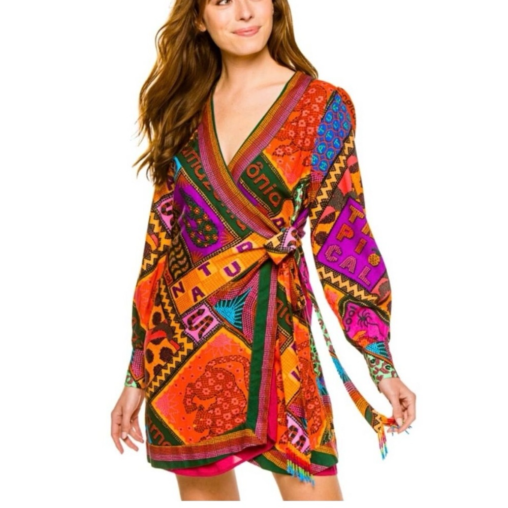 FARM RIO Dotted Patch Scarf Mini Wrap Dress Beaded V-Neck Balloon Sleeve